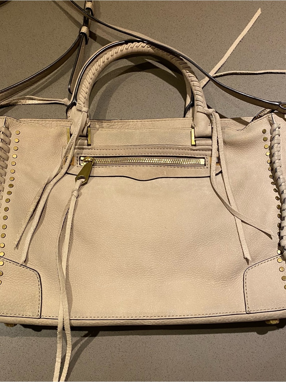 Rebecca Minkoff ‘Reagan’ satchel. Beige Leather Studded Shoulder Bag with fringe